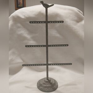 Anthropologie Green Patina Metal Jewelry Earring Stand with Bird & Baroque Base